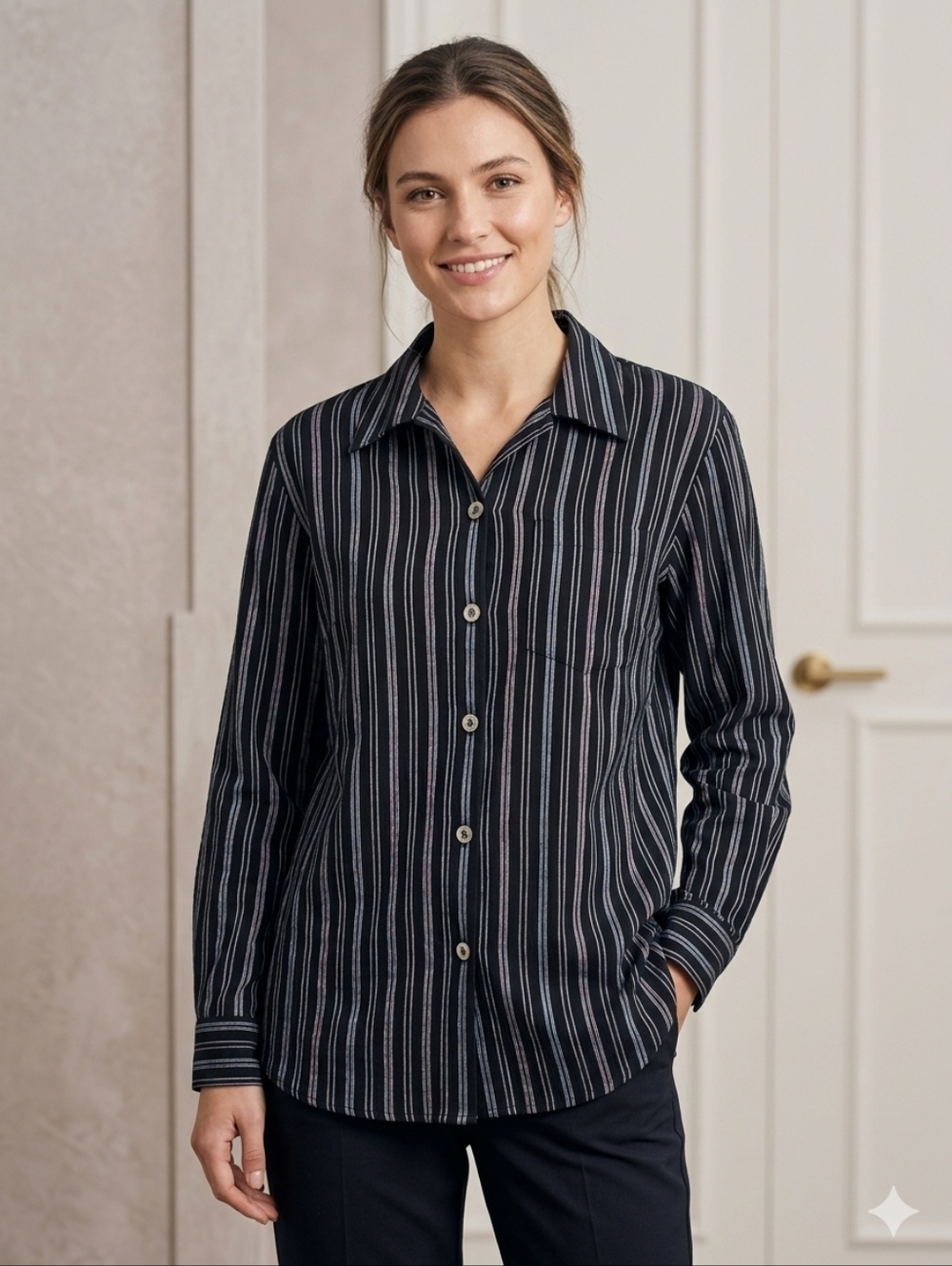 TanJay Black and Silver Striped Button Up Shirt Size M